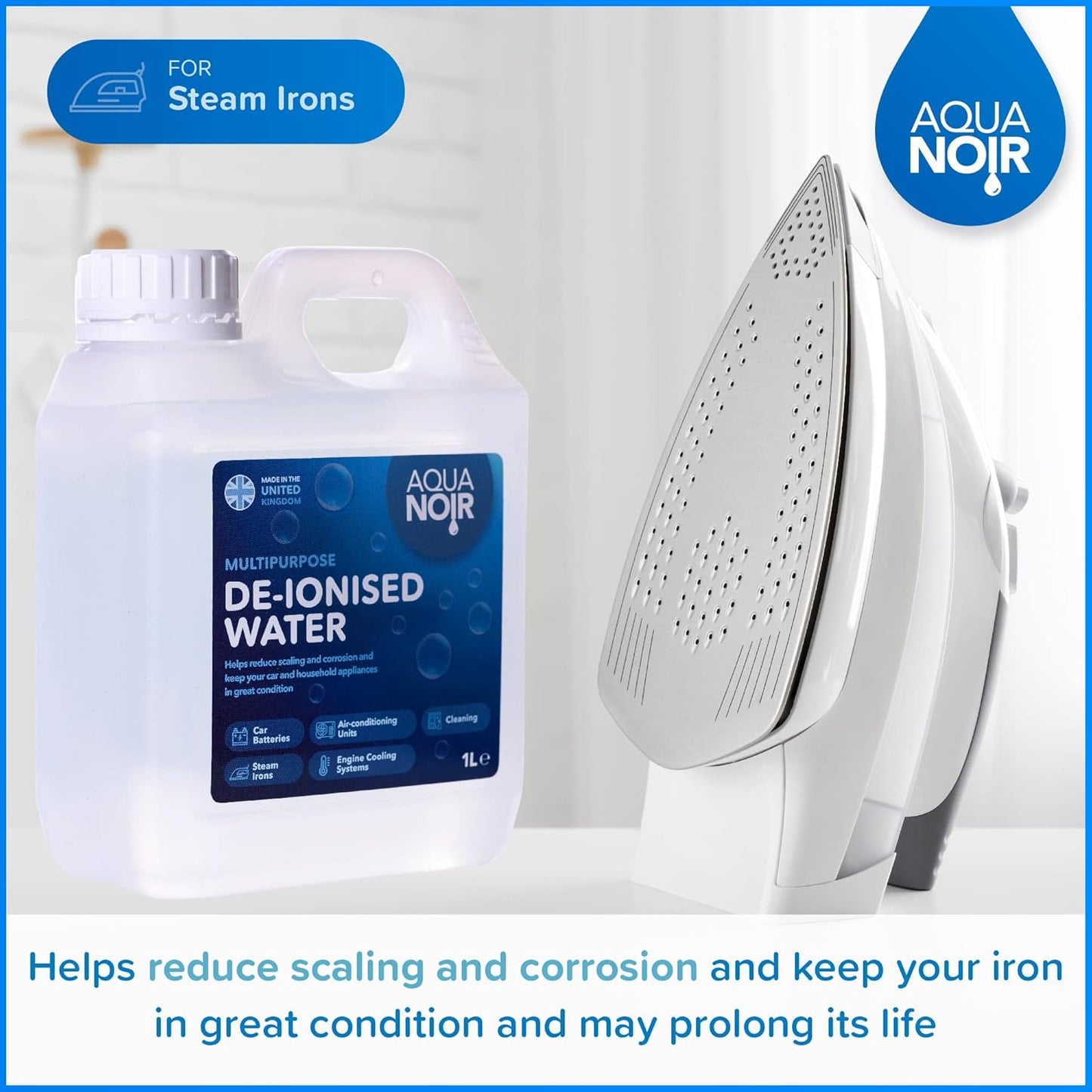 AQUANOIR Deionised Water 1L for Steam Irons, Car Batteries, Cleaning, and Steam Mops
