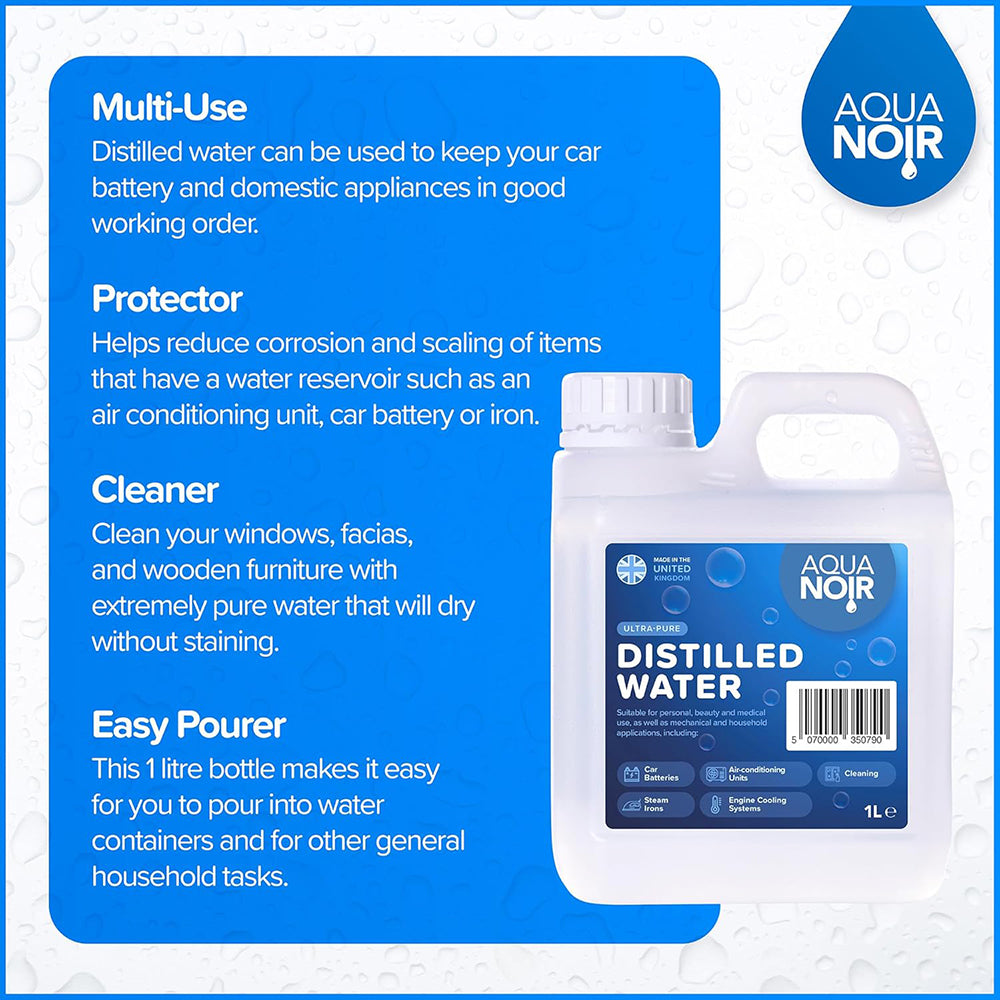 AQUANOIR Distilled Water 1L | For Irons, CPAP & Car Batteries-Made in UK